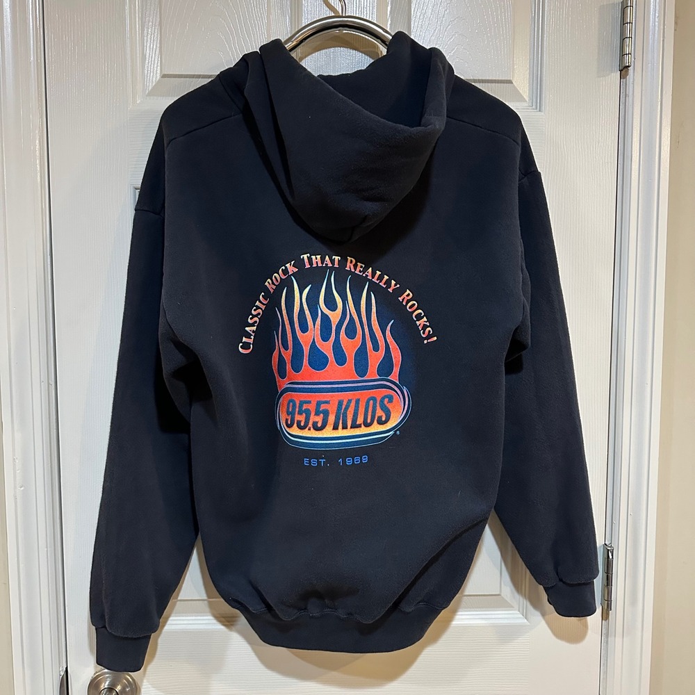 Vintage Lee 95.5 KLOS Radio Station Zip Up Hoodie Black Heavyweight Large
